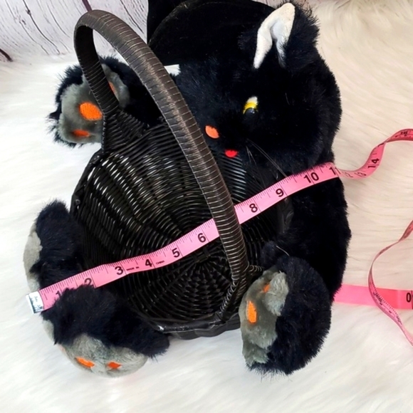Vintage 90s Halloween Black Cat Witch Plush Stuffed Animal Wicker Candy Basket - Picture 11 of 12